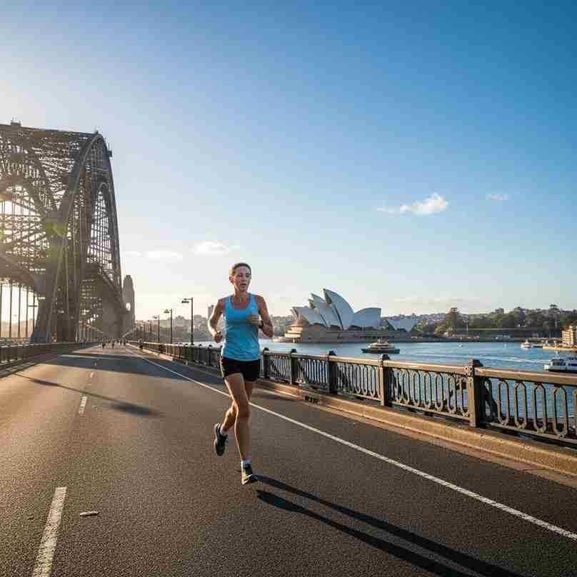 Marathon runners crossing the Sydney Harbour Bridge
