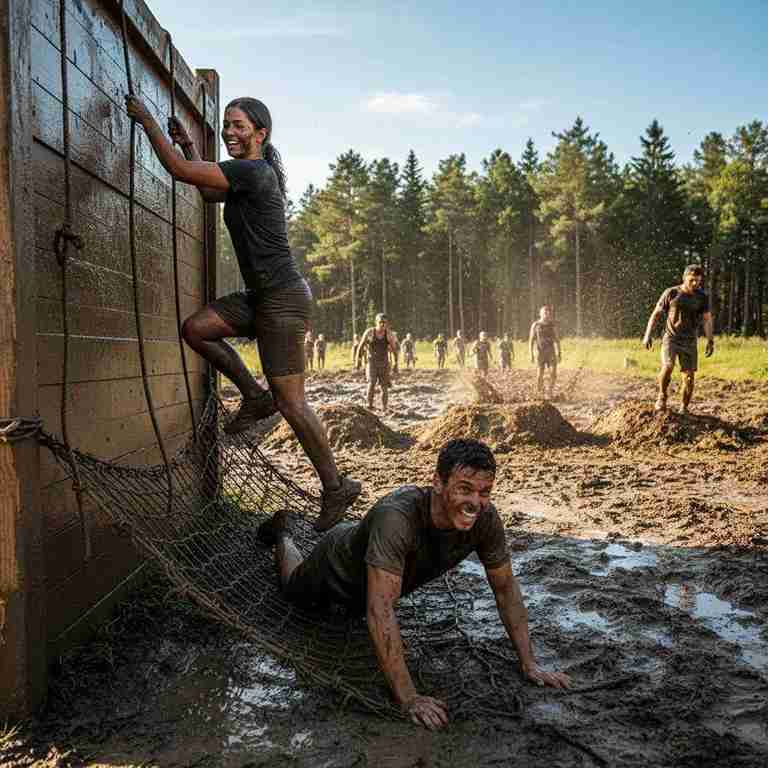 Participants crawling under mud in obstacle course