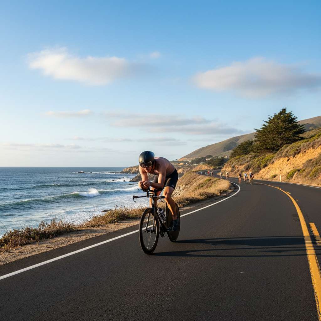 Cyclist competing in a triathlon on a coastal road